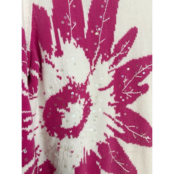 Quacker Factory Sweater Womens Large White Pink Large Flower Sequined Spring - Picture 2 of 4